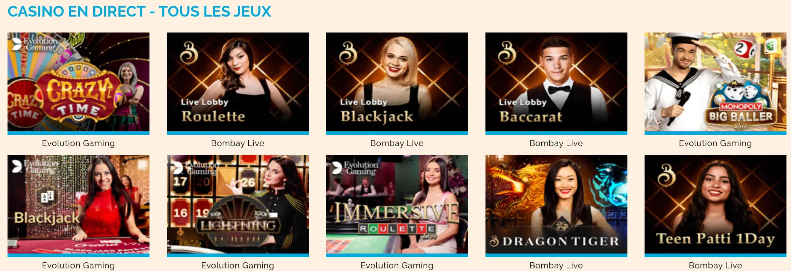 Jeux avec croupiers en direct sur Arlequin Casino